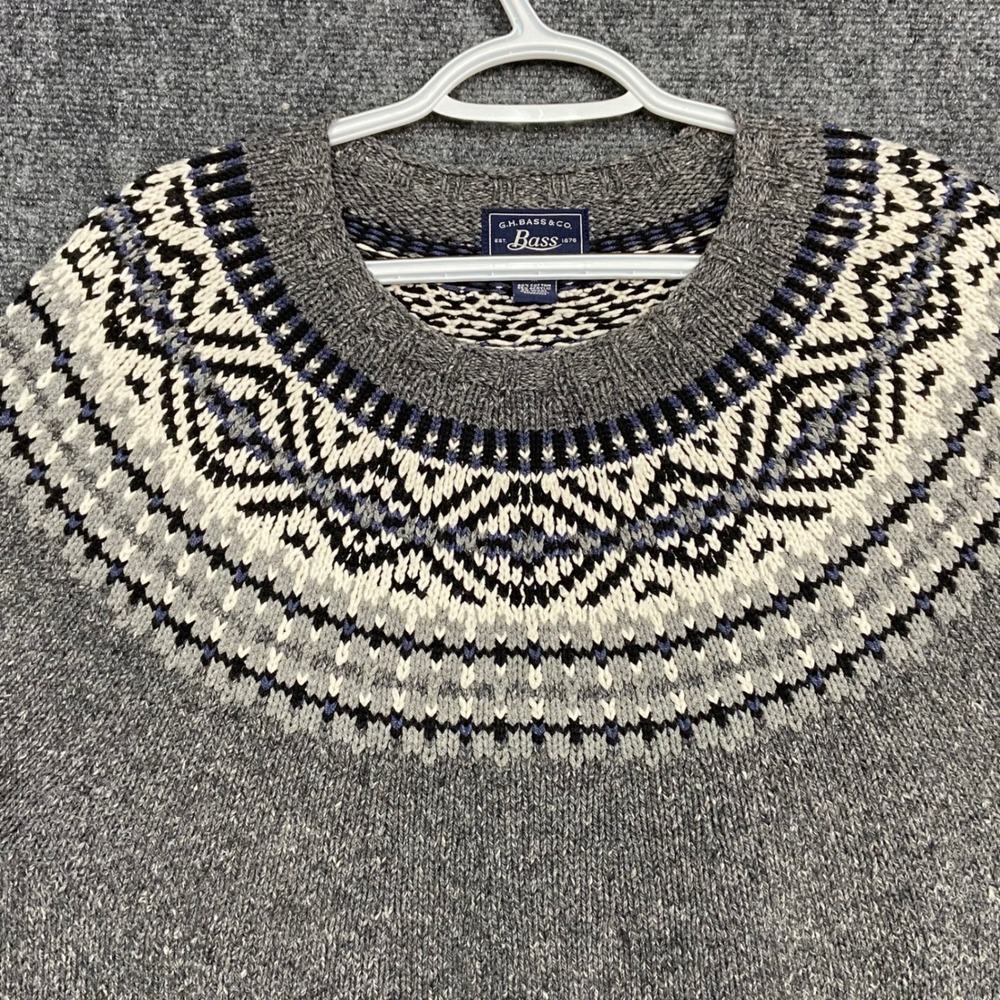 G.H. Bass & Co.‎ Fair Isle Sweater Mens Medium Gray Cotton Blend Knit Pullover